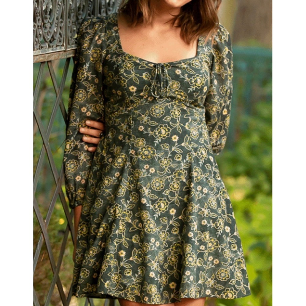 J.‎ Crew Dress Mini Prairie Cottagecore Green Floral Puff Sleeve Garden 4 New